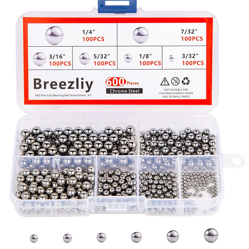 [Australia - AusPower] - Breezliy 600 Piece 6 Sizes Assorted Loose Bicycle Bearing Balls 1/4" 7/32" 3/16" 5/32" 1/8" and 3/32" 600PCS 6 Sizes chrome steel Ball 