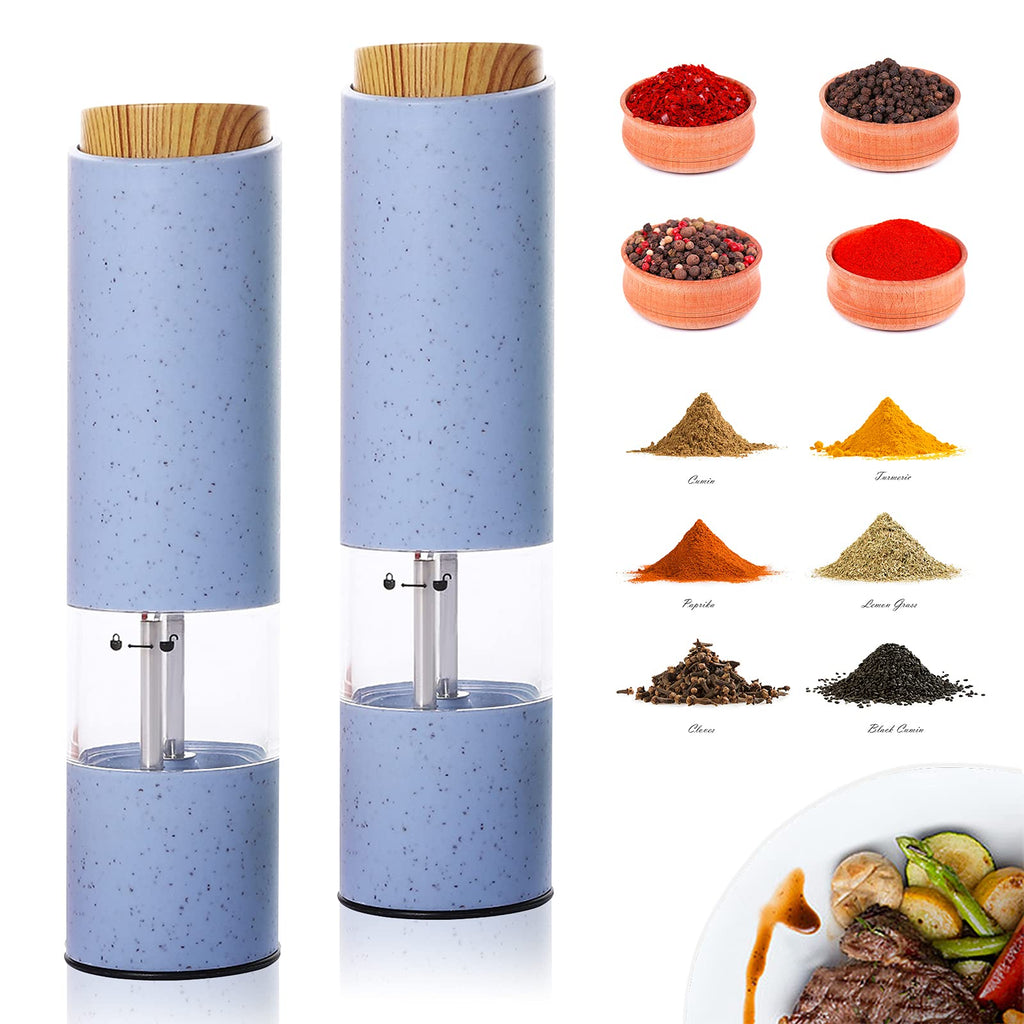 [Australia - AusPower] - Electric Salt and Pepper Grinder, AMAMIA, 2Pcs Automatic Salt and Pepper Grinders Set, One Hand Operated - Adjustable Coarseness Seasoning Spice Mill with LED light, for Pepper Salt Cumin (Blue) Blue 