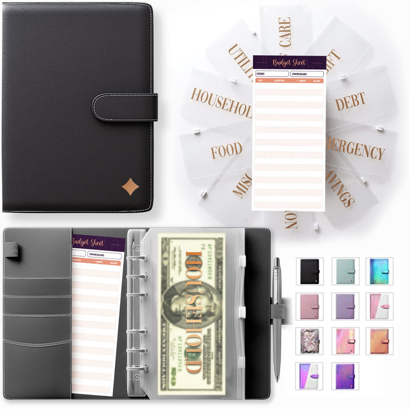 [Australia - AusPower] - A6 Budget Binder with Cash envelopes for budgeting - Black PU Leather Money Organizer for cash, 10 Gold Vinyl Printed Stickers Money Envelopes 
