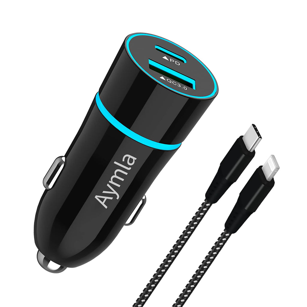 [Australia - AusPower] - Aymla 20W USB C Fast Car Charger Adapter Compatible for iPhone 13/12/Pro/Max/mini/11/XS/XR/X/8/Plus/SE 2020/iPad Mini 5, Rapid PD& QC3.0 Automobile Charger-MFi Certified 3.3ft Nylon Braided Cable 3.3FT Cable 