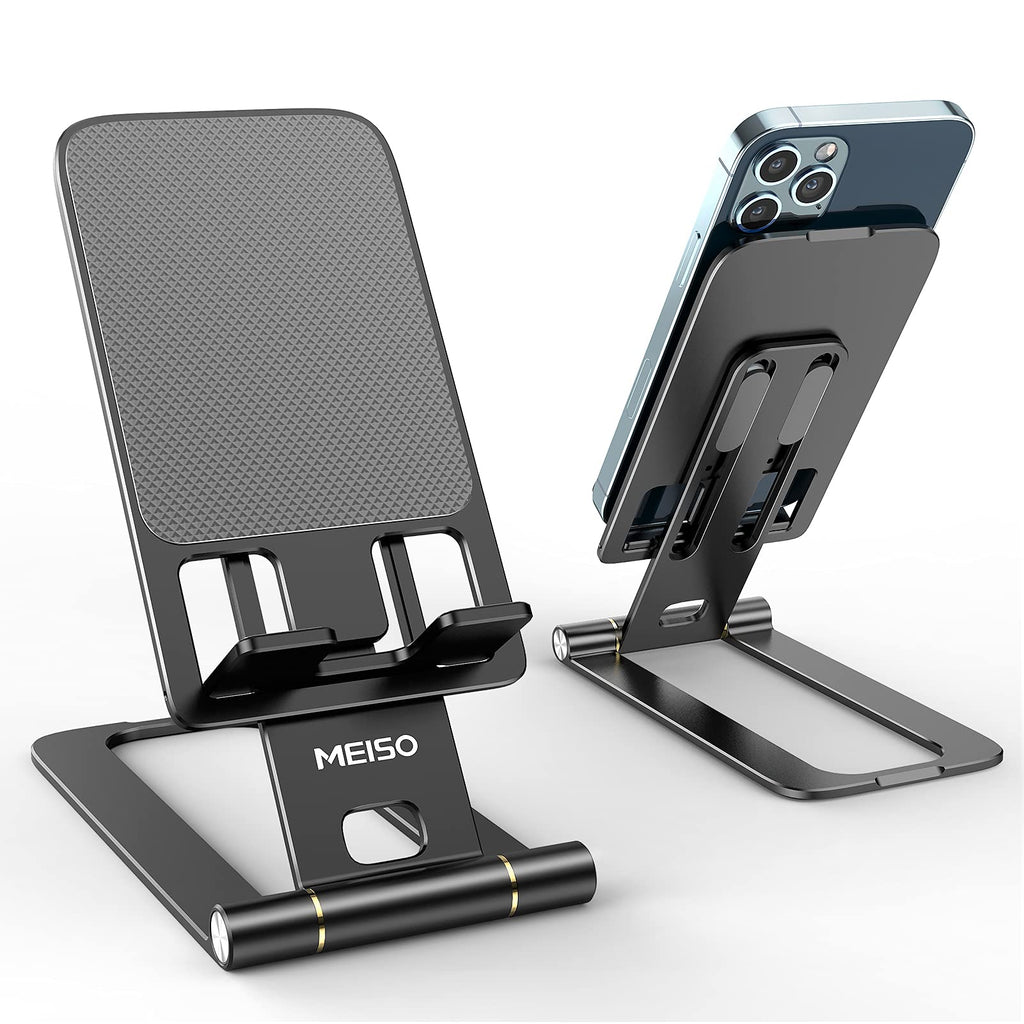 [Australia - AusPower] - MEISO Cell Phone Stand, Fully Foldable Phone Holder for Desk, Desktop Mobile Phone Cradle Dock Compatible with iPhone, Samsung Galaxy, iPad Mini, Tablets Up to 10” (Black) Black 