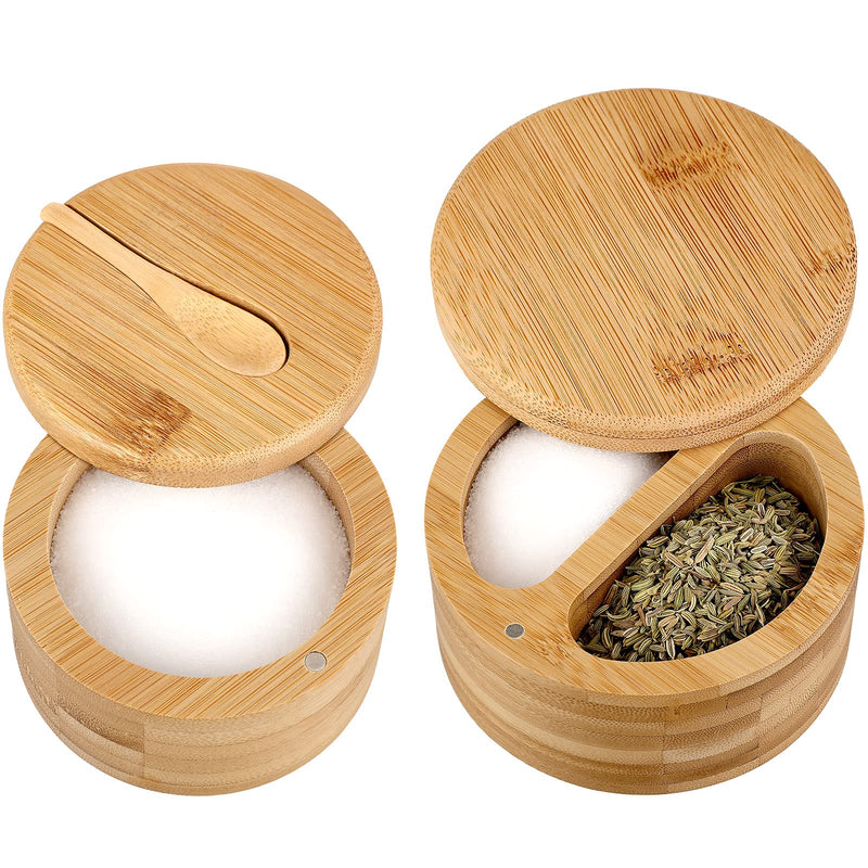 [Australia - AusPower] - 2 Pieces Bamboo Salt Holder Salt Cellar and Pepper Box Salt Container Magnetic Salt Box with Lid Round Bamboo Spices Boxes with Spoon Wood Salt Spice Box for Home (Layered Style,3.5 x 3.5 x 2.2 Inch) 3.5 x 3.5 x 2.2 Inch Layered Style 