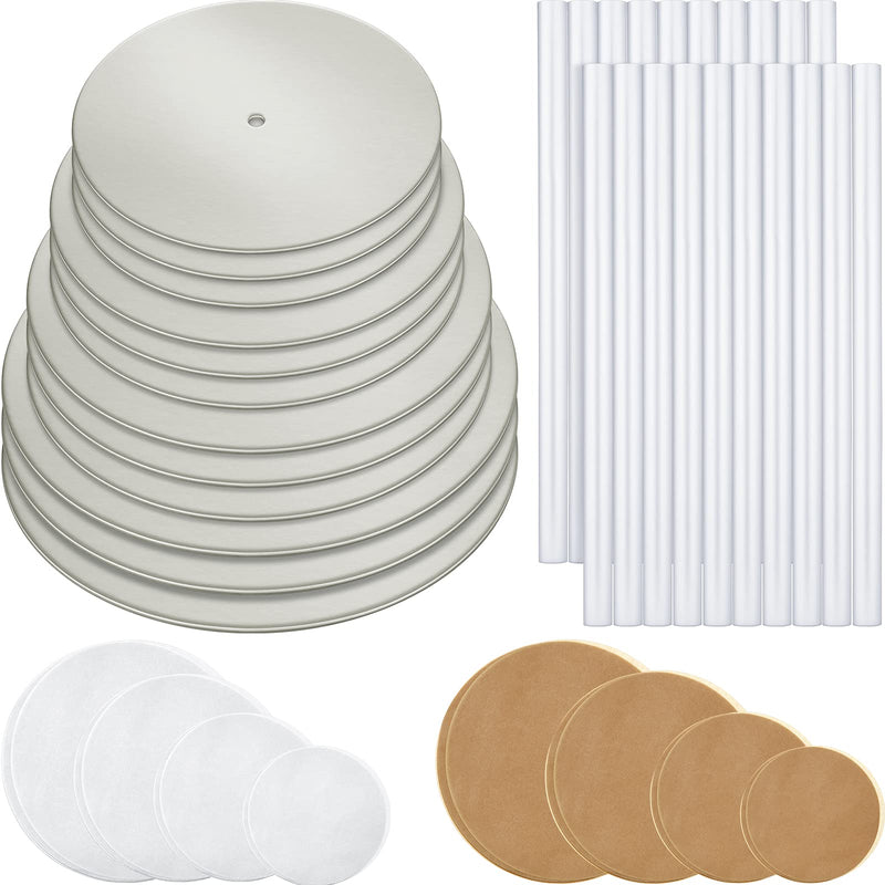 [Australia - AusPower] - 112 Pieces Cake Board Kit Sturdy Round Cake Board 4 Inch, 6 Inch, 8 Inch, 10 Inch with Parchment Paper Round and Plastic Cake Dowel Rod Cake Separator Plate for Tiered Cake for Party Wedding Birthday 
