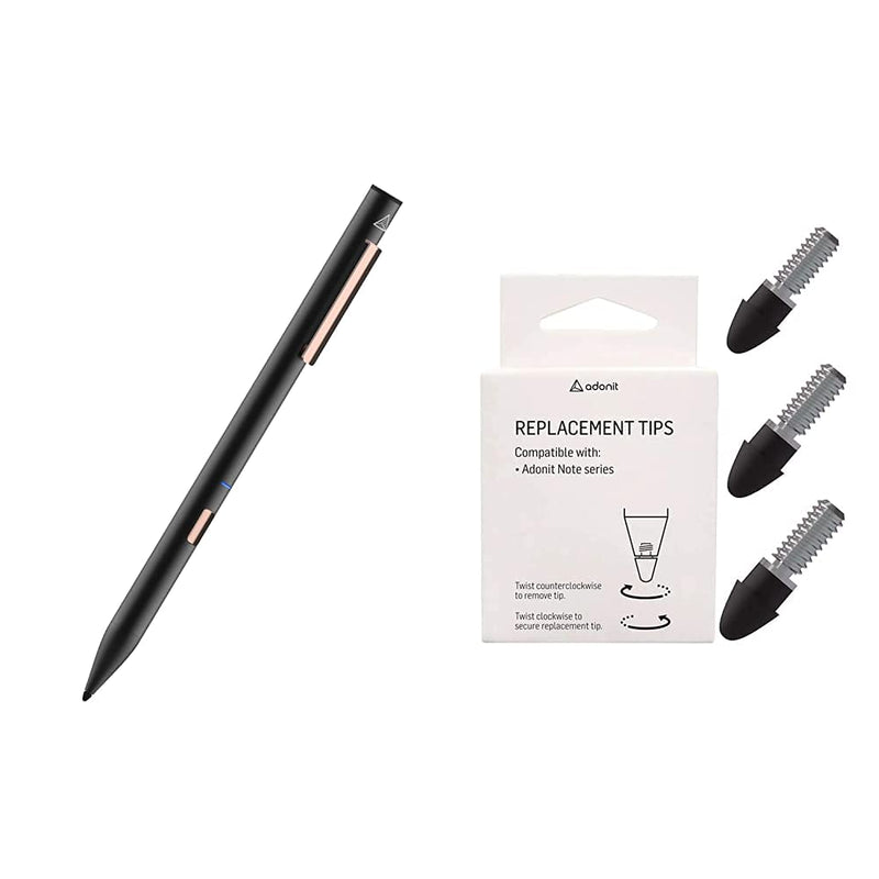 [Australia - AusPower] - adonit Note (Black) Stylus Pen for iPad Precise Writing/Drawing with Palm Rejection & Adonit Note/ Note-M/ Note-U VC Tips 3 Pack Sensitive Nibs Extra Stylus Pen Tips for iPad Pro, iPad Mini, iPad Air 