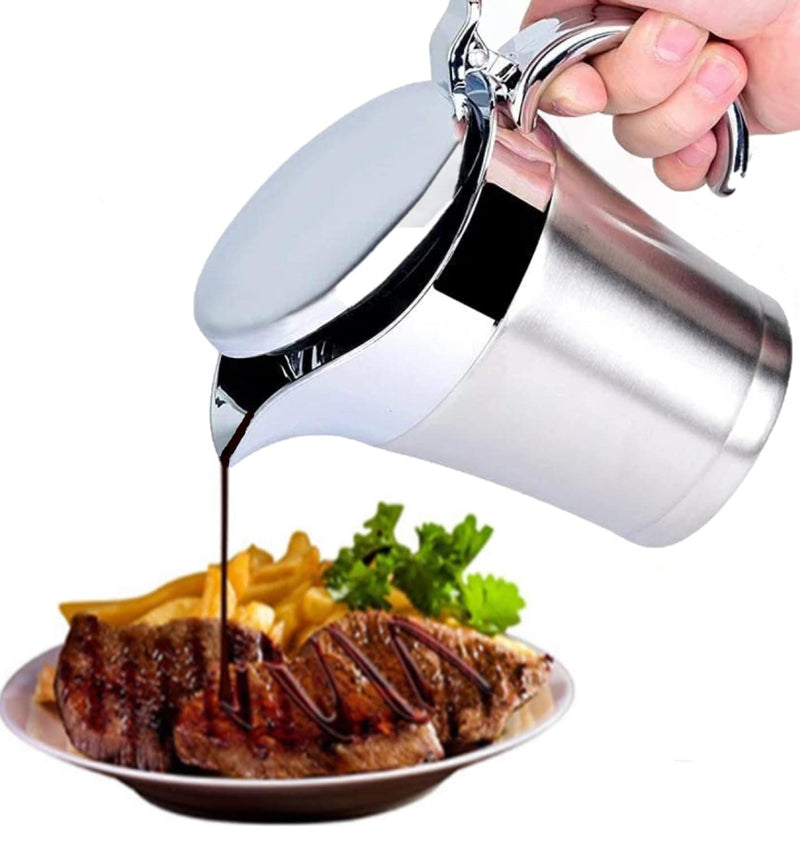 [Australia - AusPower] - FOXDISK 304 Stainless Steel Double Insulated Gravy Boat with Hinged Lid,Sauce Jug and Steak Sauce Pot Double Walled Insulated Thermal (16 oz/450ml) 450ml 