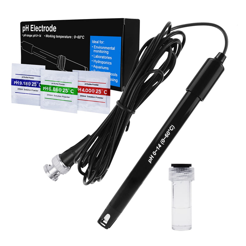 [Australia - AusPower] - High Accuracy pH Electrode with Calibration Powder, 0-14 pH Probe with BNC Connector & 300cm Cable for Wide Application 300cm Cable Glass Electrode 