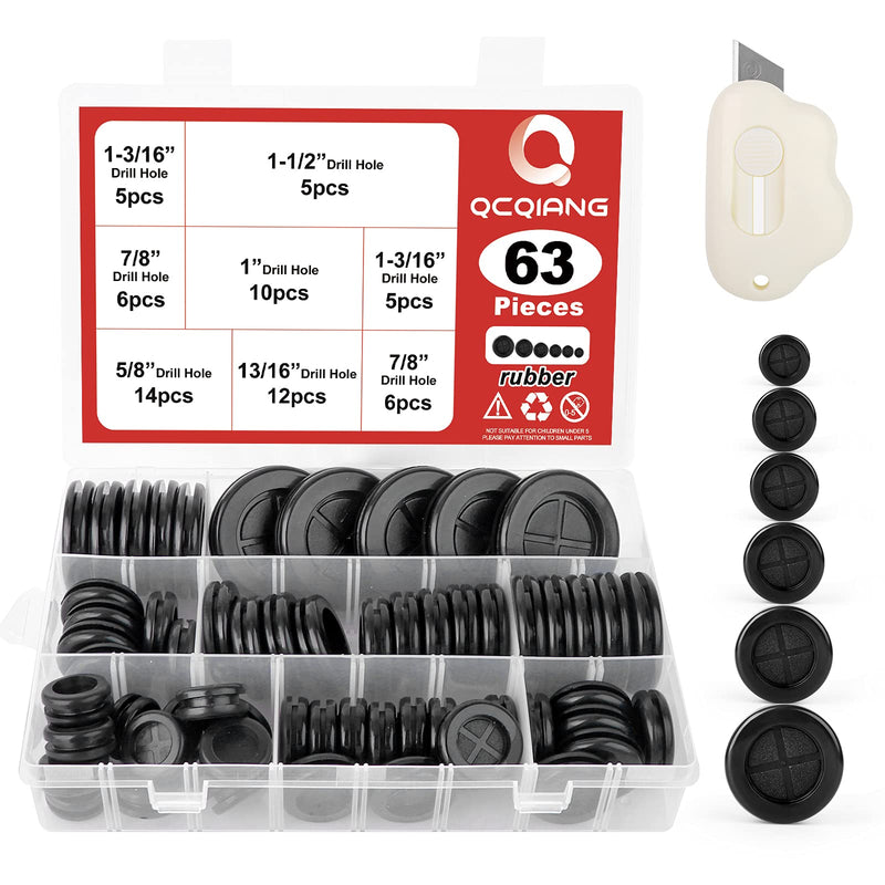 [Australia - AusPower] - QCQIANG 63Pcs Rubber Grommet Kit, Drill Hole Firewall Hole Plugs Wire Protection, 6 Sizes 5/8" 13/16" 7/8" 1" 1-3/16" 1-1/2"(Round) Black Rubber Grommet Kit 