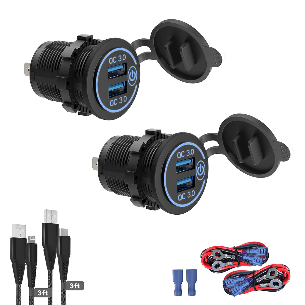 [Australia - AusPower] - [2 Pack] Quick Charge 3.0 Dual USB Charger Socket with Touch Switch，Waterproof 12V/24V 36W Fast Charge USB Outlet DIY Kit for Car Boat Marine Bus Truck Golf Cart RV (Include 2-Pack 3FT Cable) 