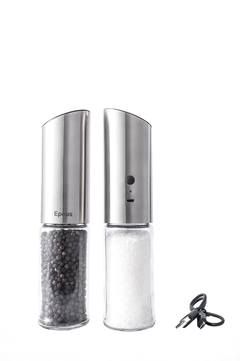 [Australia - AusPower] - 2pcs-Set Electric Stainless Steel Salt or Pepper Spice Grinder , USB Rechargeable Lithium Battery Spice Mill with Porcelain Blade & LED Light 