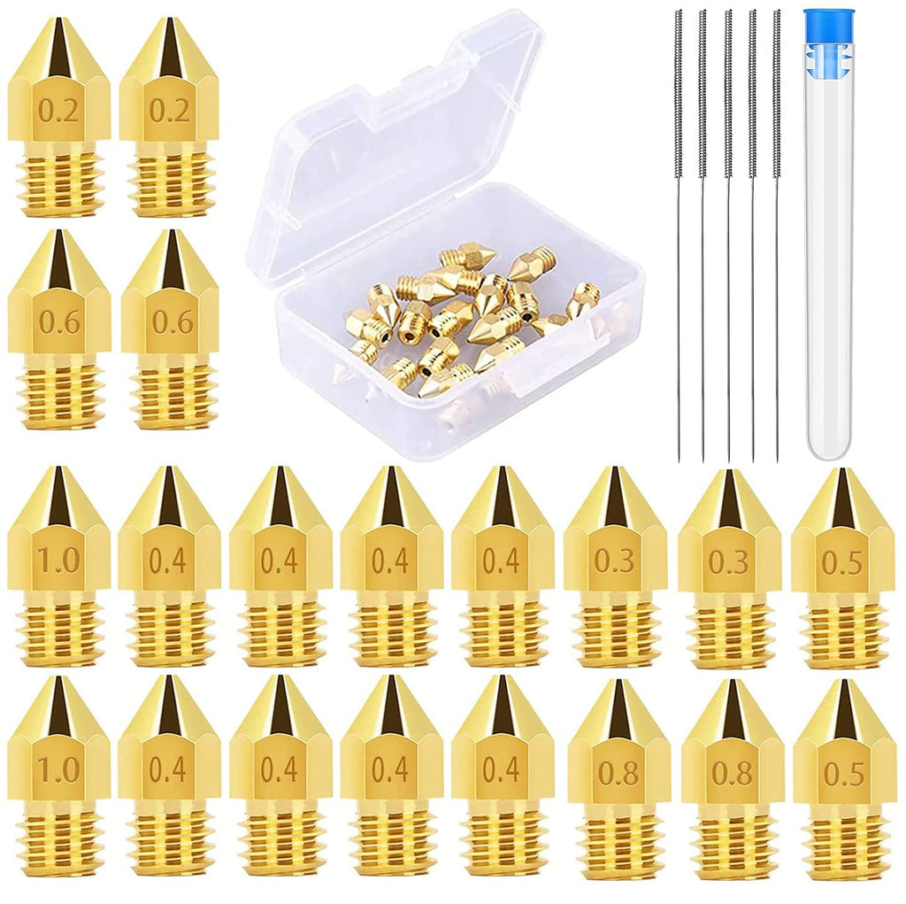 [Australia - AusPower] - 20PCS MK8 3D Printer Extruder Nozzles 0.2mm,0.3mm,0.4mm,0.6mm,0.8mm,1.0mm with 5PCS Cleaning Needles for Makerbot Creality CR-10 Ender 3 5 0.2mm-1.0mm 