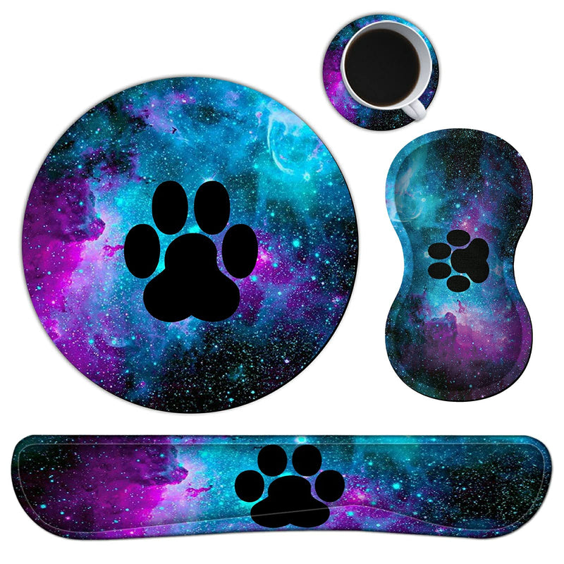 [Australia - AusPower] - Mouse Pad Wrist Support Keyboard Wrist Rest Combo+Cup Coaster [4-in-1] , Easy Typing Pain Relief, Memory Foam Gel Elbow Cushion Mousepad Set for Computer Laptop Office Home - Paw Galaxy 