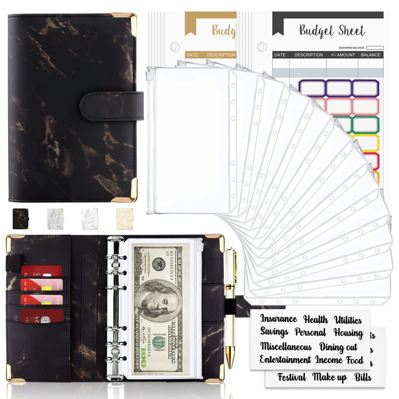 [Australia - AusPower] - Onlyesh Budget Binder, Budget Binder with Zipper Envelopes, Cash Envelopes for Budgeting, Money Organizer for Cash, 28Pcs Budget Planner with Cash Envelopes(Black) Black 