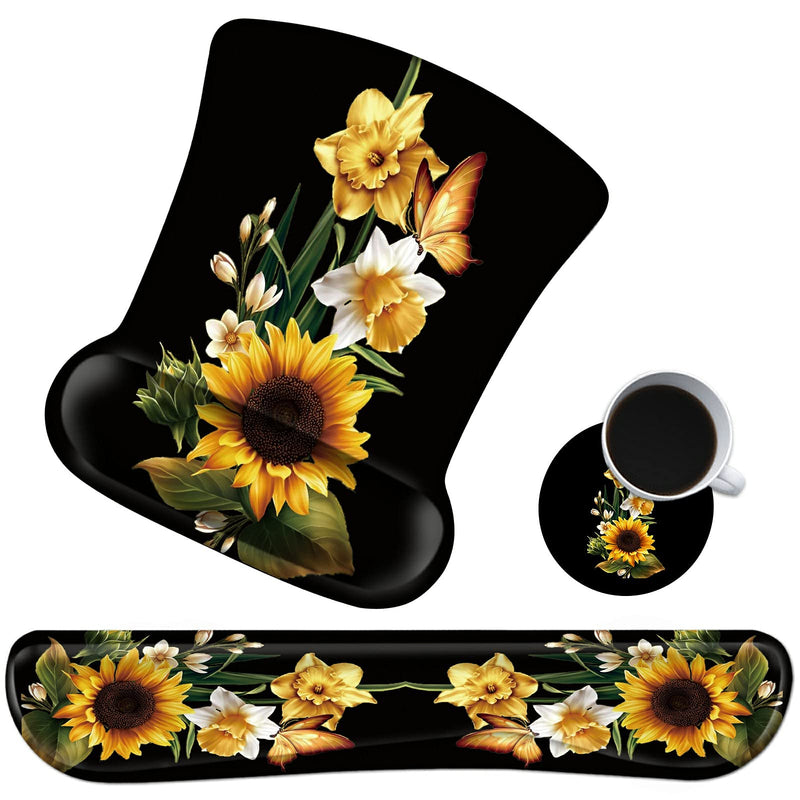[Australia - AusPower] - 3-Piece Gel Mouse Pad with Wrist Support & Memory Foam Keyboard Wrist Rest Cushion Set Plus a Matching Coasters- Easy Typing Pain Relief for Computer, Laptop, Office, Gaming, Sunflower Butterfly Sunflower Yellow Butterfly 