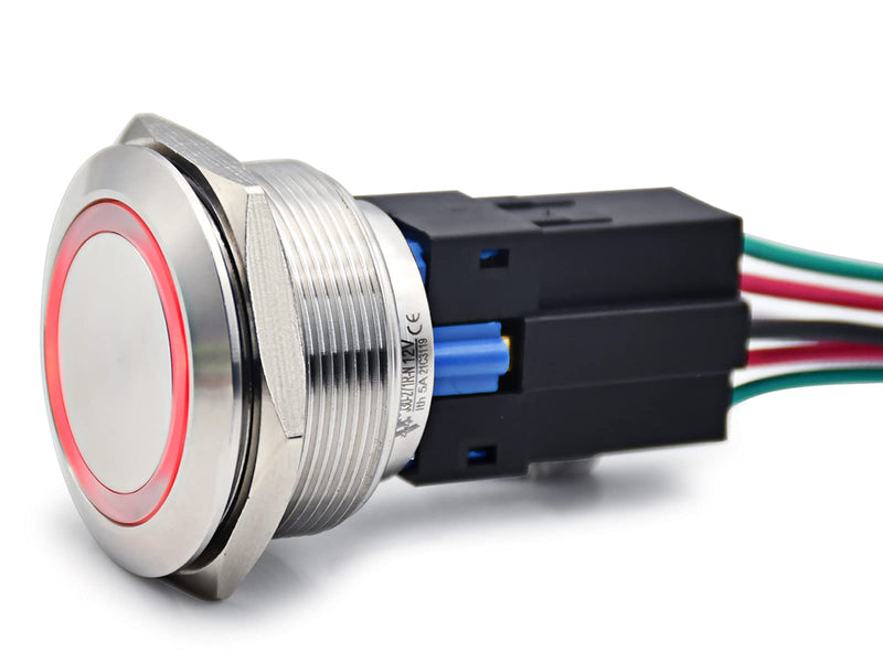 [Australia - AusPower] - 30mm Momentary Push Button Switch Big Head Waterproof with 12V LED Angel Eye Metal Stainless Steel Start Switch 1.18" Mounting Hole with Socket 1NO1NC J30-271-N (Momentary, 12V, Red) Momentary, 12V 