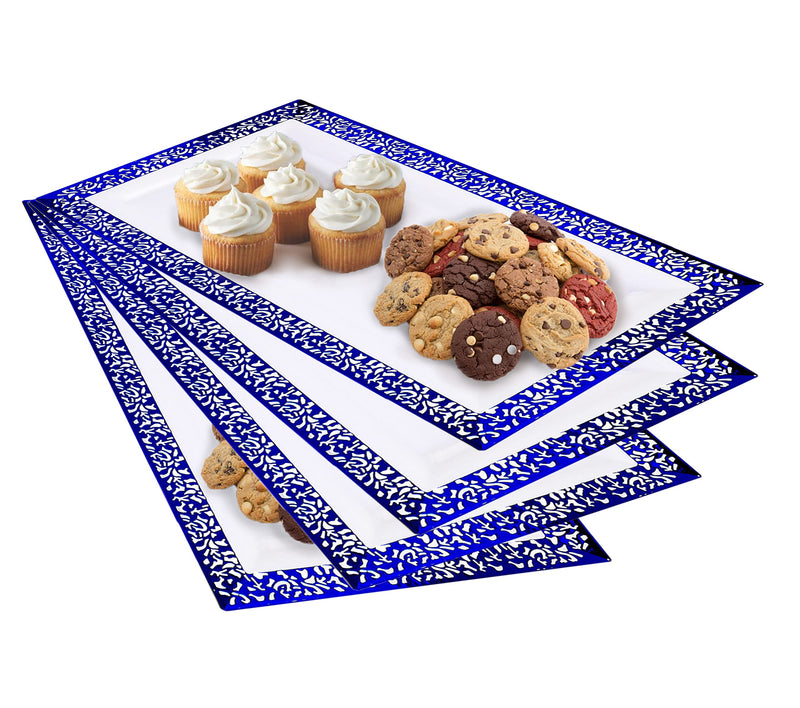 [Australia - AusPower] - Yumchikel - Elegant Plastic Serving Tray & Platter Set (4pk) - Blue & White Lace Rim Disposable Serving Trays & Platters for Food - Weddings, Parties, Dessert Table, Cupcake display - 7.5x14 inches 