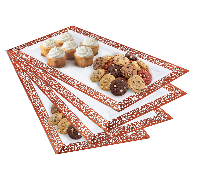 [Australia - AusPower] - Yumchikel-Decorative Plastic Serving Tray & Platter Set (4pk) - Rose Gold Disposable Party Trays & Platters for Food - Weddings, Upscale Parties, Dessert Table, Cupcake display -14"x7.5" inches 