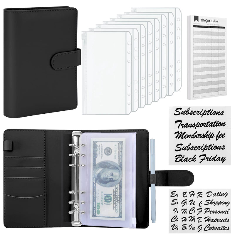 [Australia - AusPower] - Sooez A6 PU Leather Binder Budget Planner Organizer 6 Ring Binder Cover, 8Pcs Binder Pockets, 24Pcs Expense Budget Sheets & 8Pcs 34 Categories Sticker Labels, Money Saving Binder for Budgeting, Black 