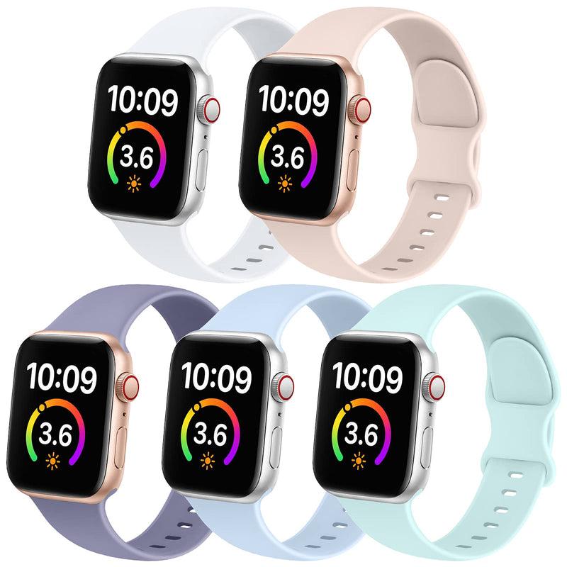[Australia - AusPower] - 5 Pack Bands Compatible with Apple Watch Band 38mm 40mm 41mm 42mm 44mm 45mm Women Men, Soft Silicone Sport Replacement Strap Compatible with iWatch Series 7 6 5 4 3 2 1 SE LightGreen/White/PinkSand/LightBlue/Violet 38mm/40mm/41mm 