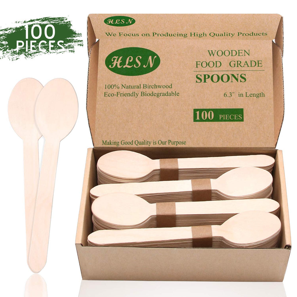 [Australia - AusPower] - HLSN Packaging Box Disposable Wooden Spoons 100 Pieces, 100% Natural Birch Biodegradable Spoons, Food Grade Disposable Spoons Disposable Wooden Cutlery for Parties, Weddings, Camping (6.3") 