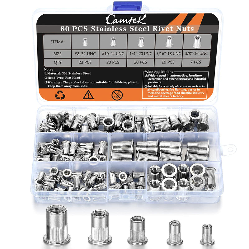 [Australia - AusPower] - 80PCS Stainless Steel Rivet Nut Set, Camtek 304 Stainless Steel Rivet Nut Flat Head Threaded Rivet nut Insert Nutsert Assortment Kit -5 Sizes(8-32 UNC,10-24 UNC,1/4-20 UNC,5/16''-18 UNC,3/8''-16 UNC) 80 
