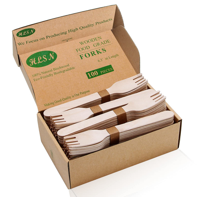 [Australia - AusPower] - HLSN Packaging Box Disposable Wooden Forks 100 Pieces, 100 Natural Birch Biodegradable forks, Food Grade Forks- Eco Friendly for Parties, Weddings, Camping (6.3), Beige, 6“ 