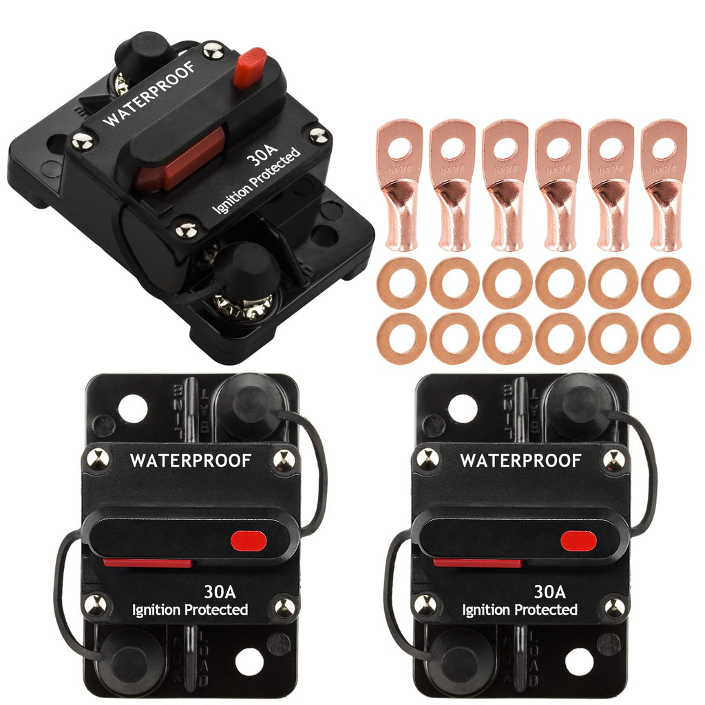 [Australia - AusPower] - Hamolar 3 Pack 30 Amp Auto Car Stereo Audio Circuit Breaker Fuse 12-48VDC Manual Reset Button Switch Fuses, with Wire Lugs Copper Washer 30A 