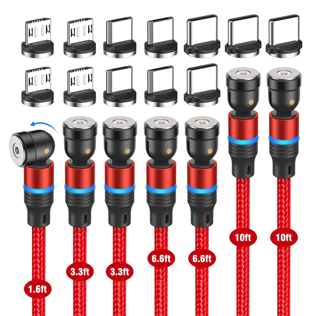 [Australia - AusPower] - 540° Rotation Magnetic Charging Cable[7-Pack, 1.6ft/3.3ft/3.3ft/6.6ft/6.6ft/10ft/10ft], FACROO Magnetic Cable, 3 in 1 Nylon Braided Magnetic Phone Charger Compatible with Micro USB and Type C - Red 