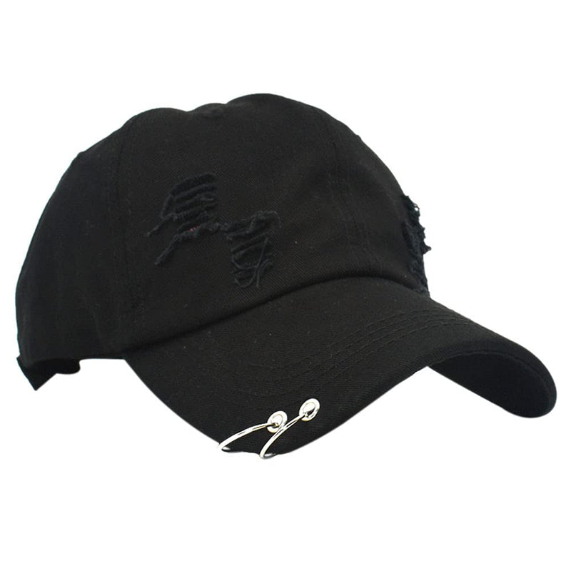 [Australia - AusPower] - Belsen Distressed Washed Denim Ring Baseball Cap Hip Hop Vintage Dad Hat Adjustable Black 
