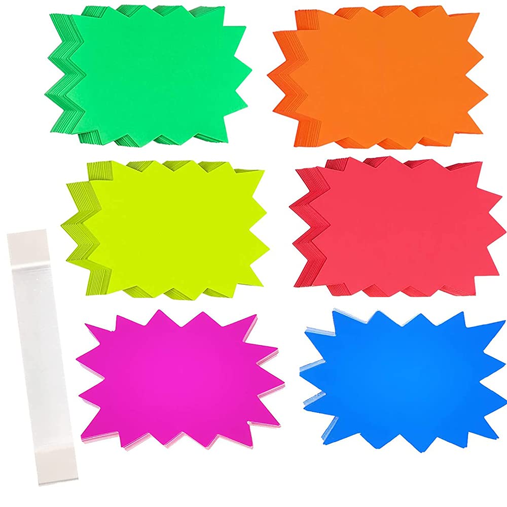 [Australia - AusPower] - 60 Pieces Starburst Signs Star Fluorescent Neon Paper for Retail Store, 6 Bright Colors Blank Sales Burst Signs for Retail Store, Garage Sale Sign，with 30 Pcs PVC Self-Adhesive Strips (6.4 x 4.8 inch) 