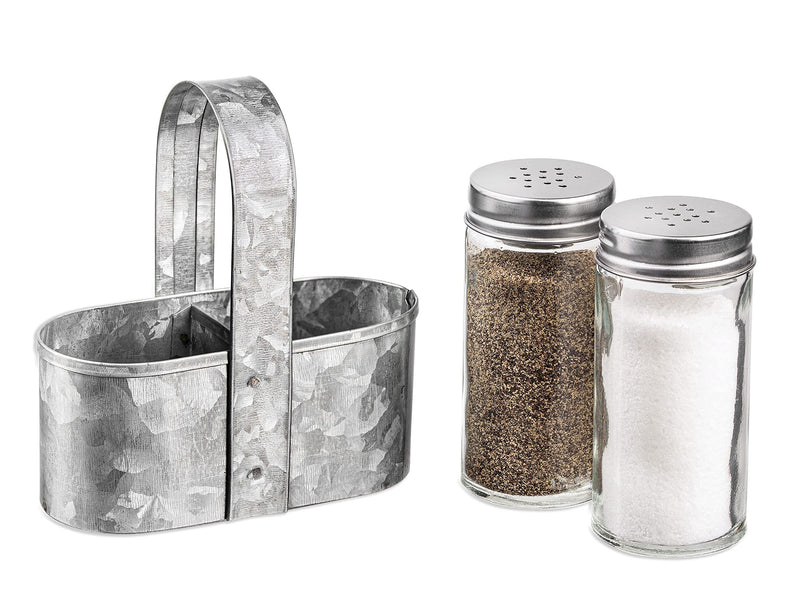 [Australia - AusPower] - Royalty Art Farmhouse Salt and Pepper Holder with Carry Handle, Rustic Home Decor for Kitchen Counter, Picnic Table, BBQ, and Camping, Silver Galvanized Steel 