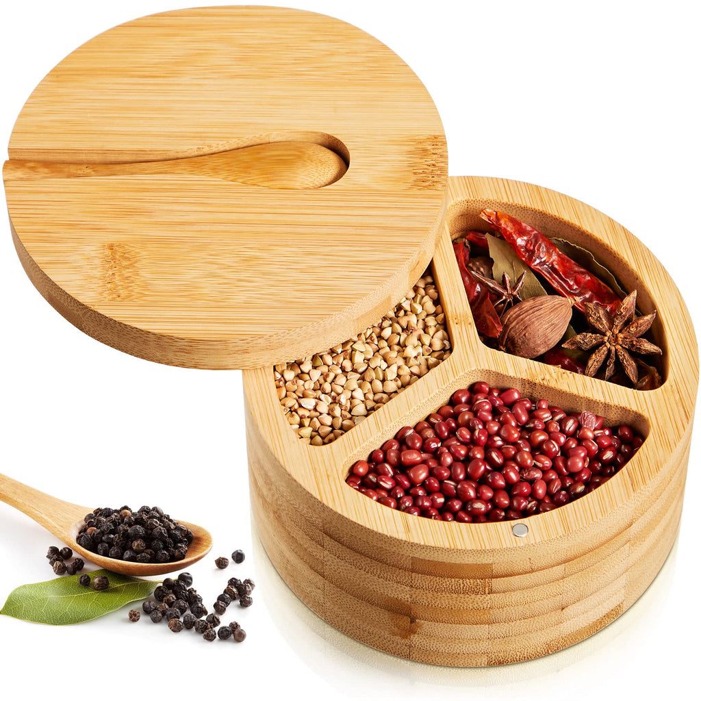 [Australia - AusPower] - Bamboo Salt Box with Spoon Spice and Seasonings Storage Container with Swivel Magnetic Lid Round Condiment Salt Jar Cellar Salt Keeper for Home Kitchen 5.5 x 3 Inch (3 Compartment) 