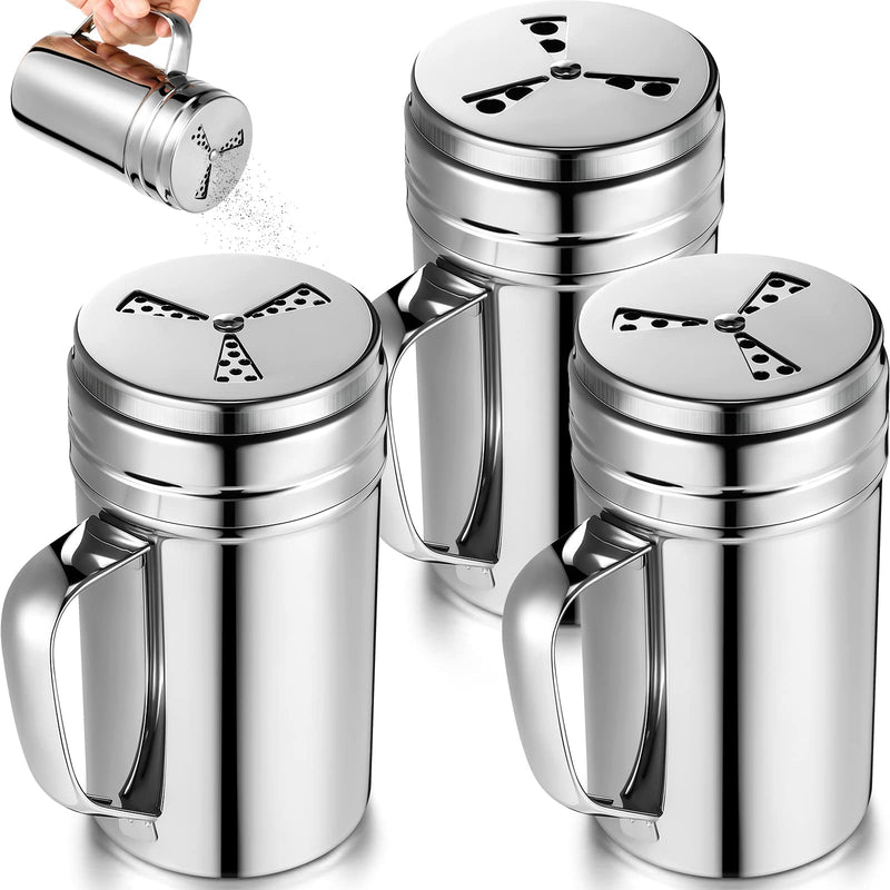 [Australia - AusPower] - 3 Pieces Seasoning Bottle with Handle Stainless Steel Spice Shaker Metal Versatile Dredge Shaker with Rotating Cover for Cooking Kitchen Gadget (Fan Style Lid,Large) Large Fan Style Lid 