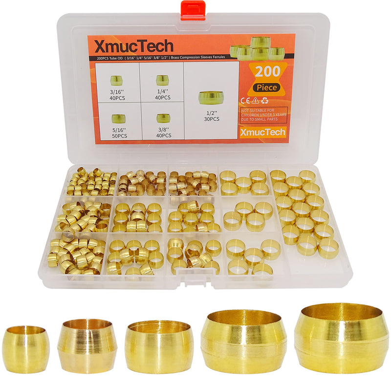 [Australia - AusPower] - XmucTech, 200PCS Brass Compression Fitting Ferrule Sleeve, 5 Sizes OD（316In 14In 516In 38In 12In) Assortment Kit 