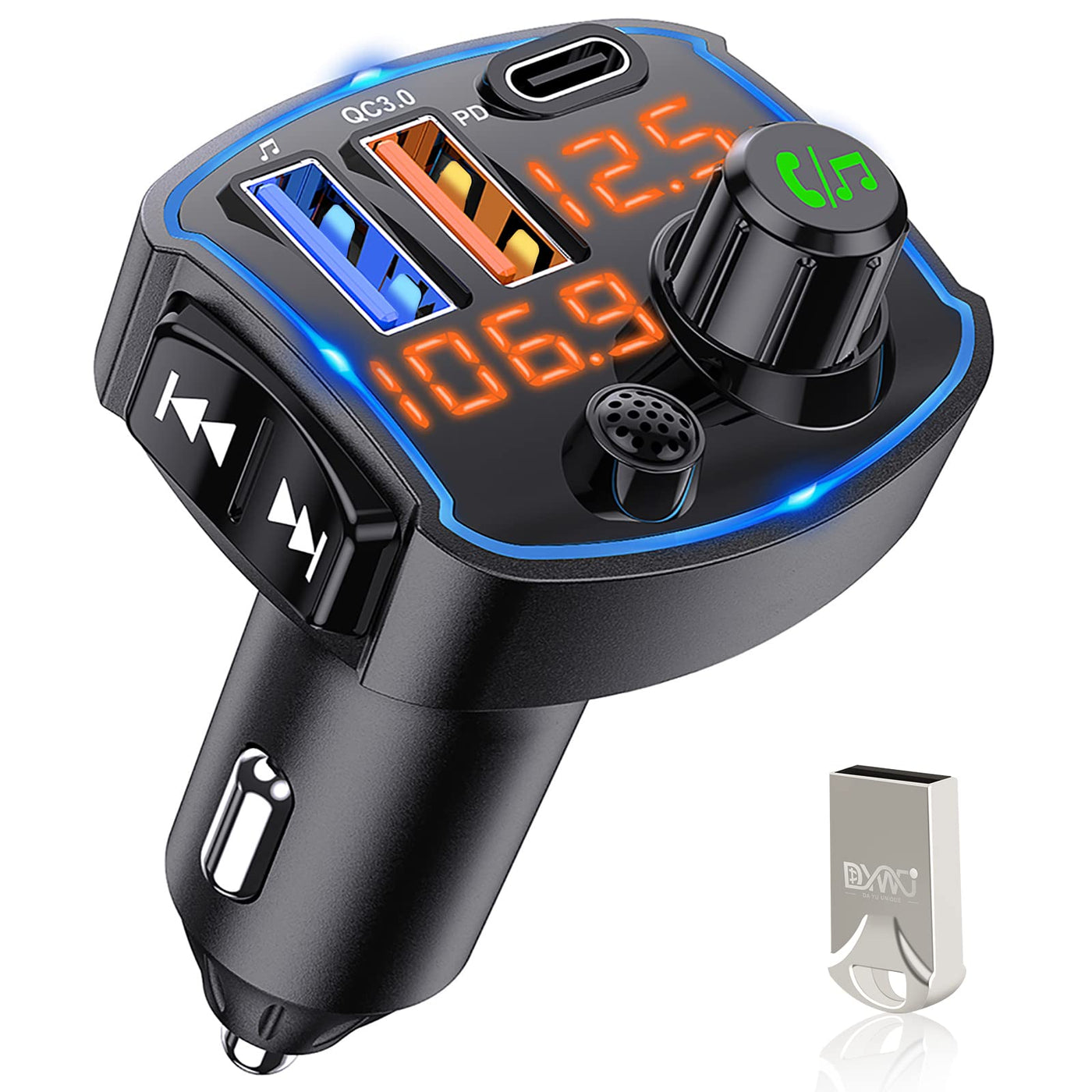 Bluetooth FM Transmitter for Car Adapter, 41W PD3.0 and QC3.0 Fast Charging  U Disk Player Included 32G Flash Drive Hands-Free Calling Bluetooth 5.0  Music Play Mode Dual Screen Display