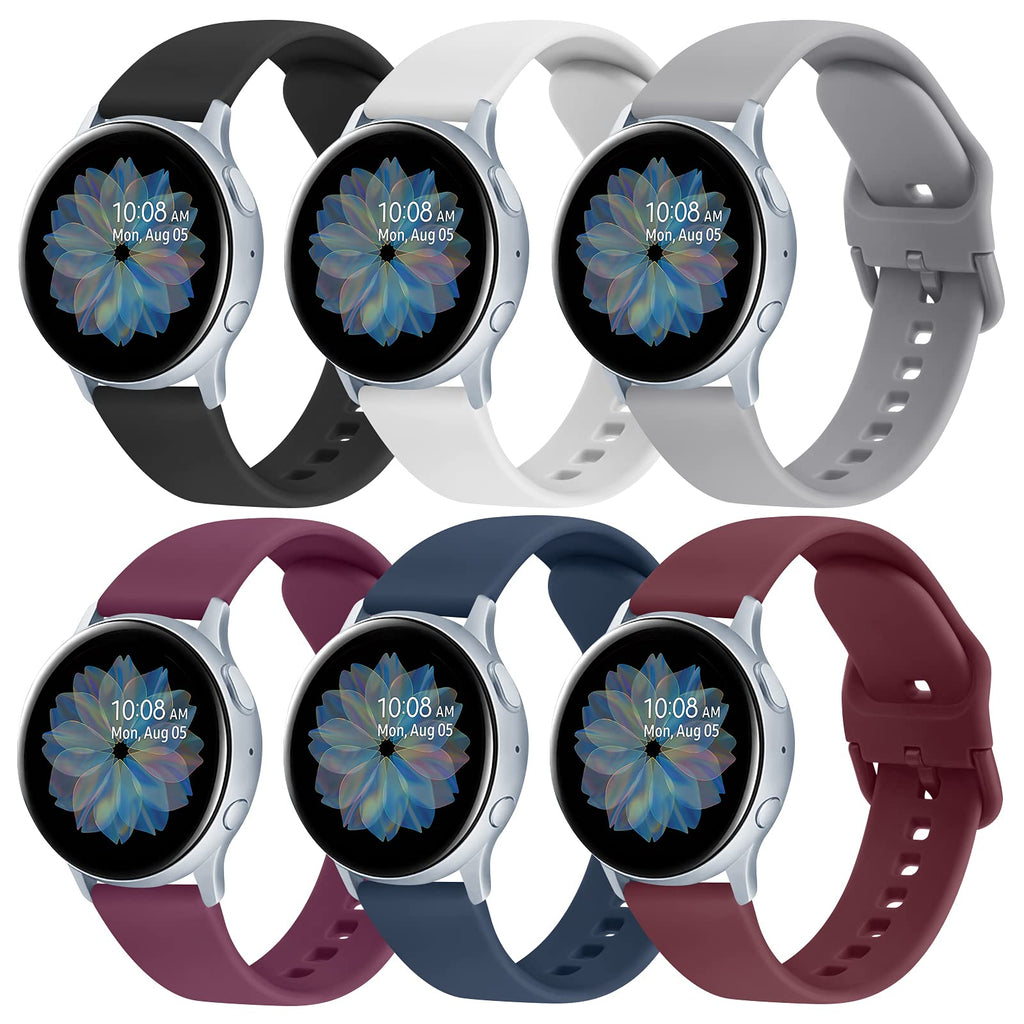 [Australia - AusPower] - 6 Pack Sport Bands for Samsung Galaxy Active 2 Watch Bands 40mm 44mm / Active 40mm Bands/Galaxy Watch 3 41mm Bands/Galaxy Watch Bands 42mm, 20mm Soft Silicone Bands for Galaxy Watch Active 2 Black+White+Gray+Blue+Wine Red+Purple 