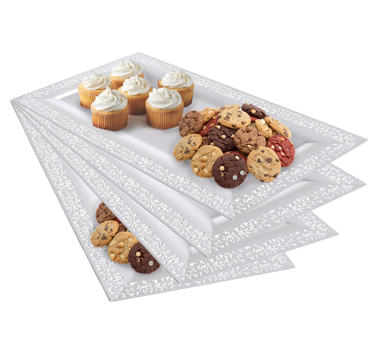 [Australia - AusPower] - Yumchikel-Decorative Plastic Serving Tray & Platter Set (4pk) - White Disposable Party Trays & Platters for Food - Weddings, Upscale Parties, Dessert Table, Cupcake display - 14"x7.5" inches 