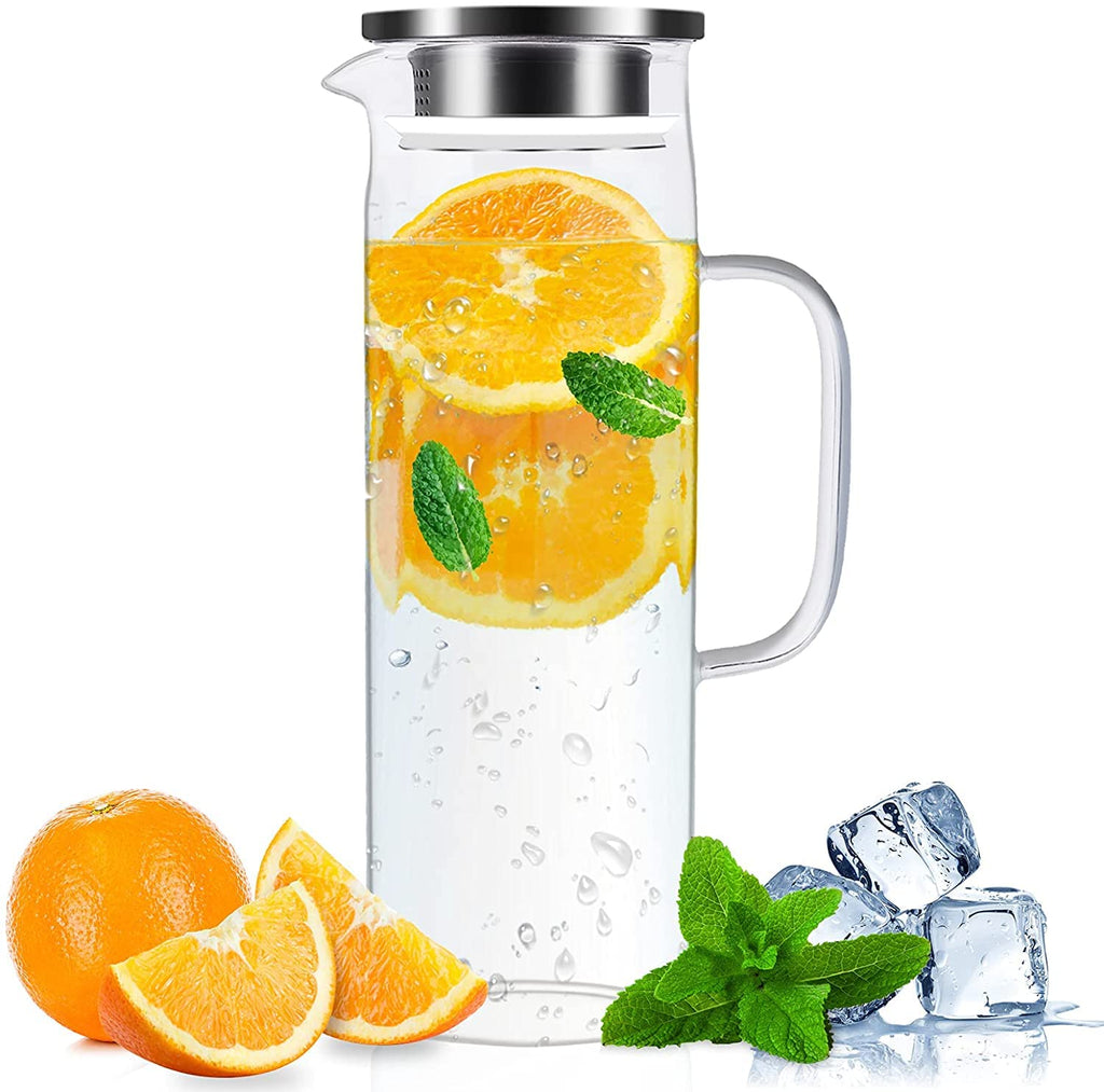 [Australia - AusPower] - Yirilan Glass Pitcher,1.5Liter/51oz Glass Jug with Sealed Lid,Beverage Pitcher for Hot/Cold Water,Iced Tea and Juice Drink（with Cup Brush) 1.5 L 
