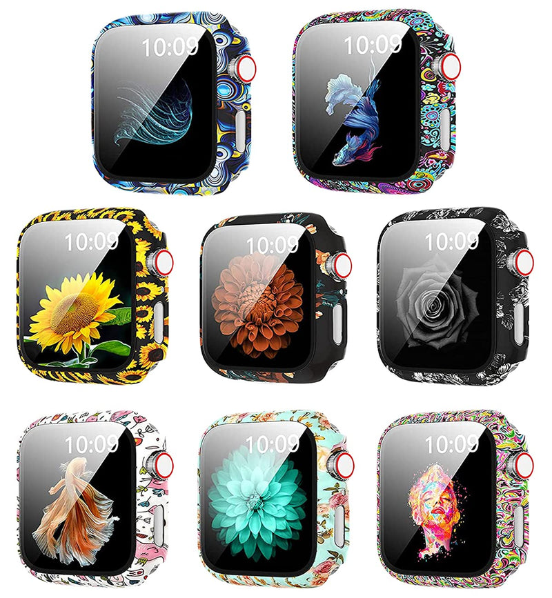 [Australia - AusPower] - 8 Pack Case Compatible for Apple Watch SE Series 6 5 4 3 2 44mm 40mm 42/38mm Hard PC Flowers Case with Tempered Glass Smartwatch Screen Protectors Full Protective Cover for women girl (8Pack, 42mm) 8Pack 42 mm 
