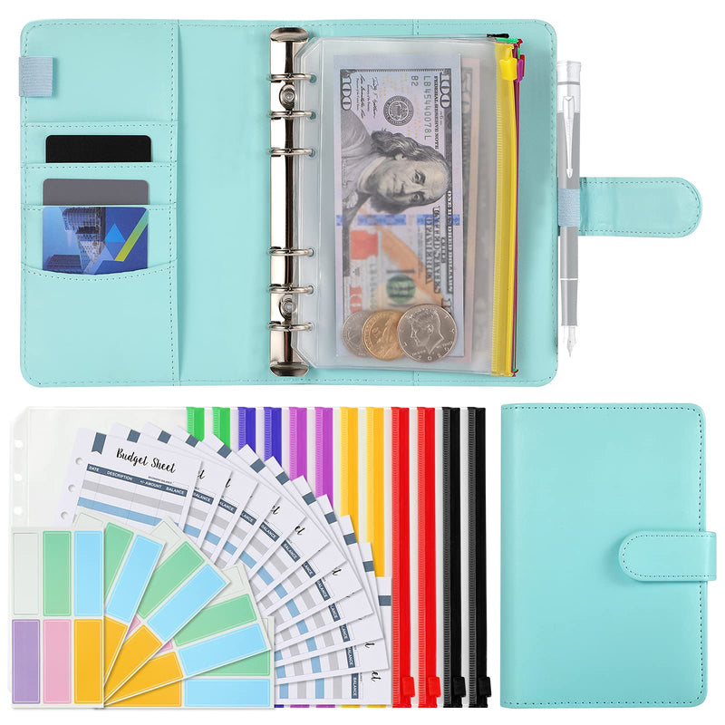 [Australia - AusPower] - Budget Binder Organizer, A6 Cash System Planner for Money Receipts Budgeting,PU Leather Notebook,12 PCS Clear Cash Envelope ,12 Expense Tracker Budget Sheets and 30 Colorful Labels(Mint Green, A6) Mint Green 