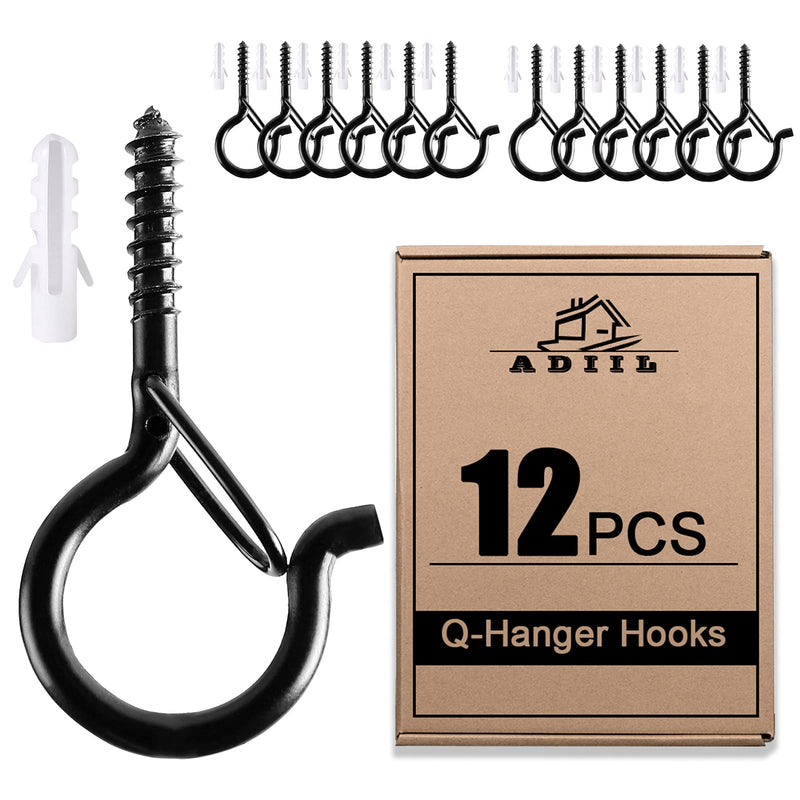 [Australia - AusPower] - ADIIL 12 PCS Q Hanger Hooks with Safety Buckle, Windproof Screw Hooks for Hanging Outdoor String Lights, Ceiling Hooks for Hanging Plants, Christmas Lights & Patio Lights, 2.2 Inches, Black 