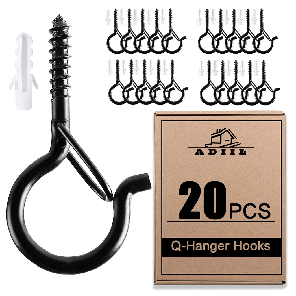 [Australia - AusPower] - ADIIL 20 PCS Q Hanger Hooks with Safety Buckle, Windproof Screw Hooks for Hanging Outdoor String Lights, Ceiling Hooks for Hanging Plants, Christmas Lights & Patio Lights, 2.2 Inches, Black 