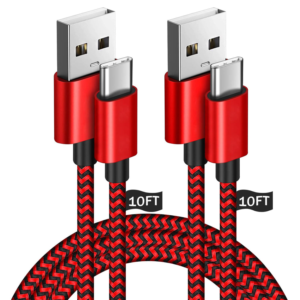 [Australia - AusPower] - USB Type C Cable, Udaton 3A USB-A to USB-C Fast Charging Cable Long Charging Cord, (10ft+10ft) Nylon Braided TPE Cord Compatible with Samsung Galaxy S22 S21 S10e A51 A80 Note 9 LG Stylo V60 G8,2 Pack 2Pack10FT Black&Red 