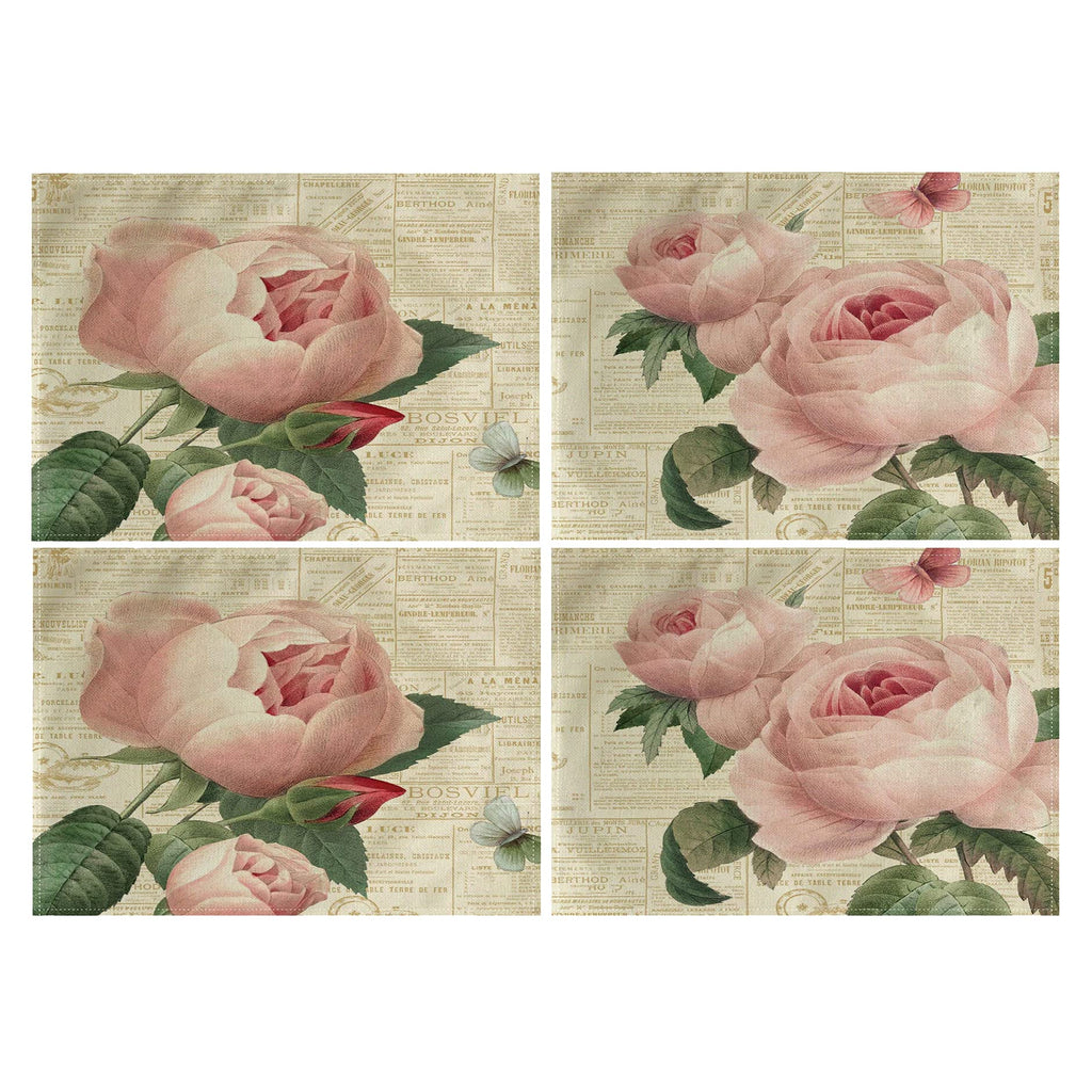 [Australia - AusPower] - Rose Flower Table Mats Set of 4 Vintage Shabby Chic Peach Pink Rose Floral Placemats Waterproof Heat Resistant Washable Non-Slip Place Mats for Dinner Room Kitchen Decor Table 12”×16” 