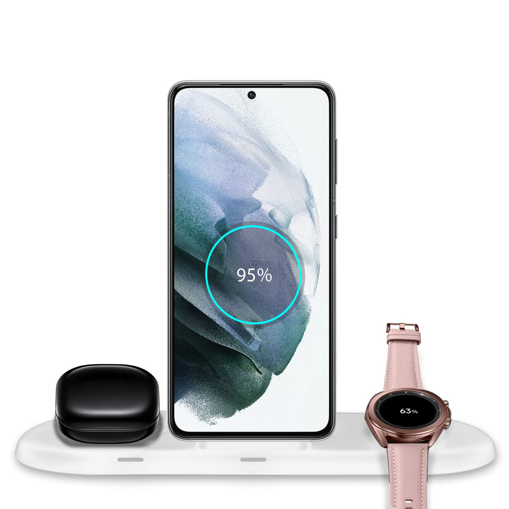 [Australia - AusPower] - Wustentre 3 in 1 Wire - Less Charging Station for Samsung Galaxy Watch 4/3/1/Active 2/1/Gear S3/Sport, Galaxy Buds/Pro/Live, Galaxy Z Flip 3 5G /S21/S21 FE/S22/S22+/Note 20 Wire-Less Charger Dock white 
