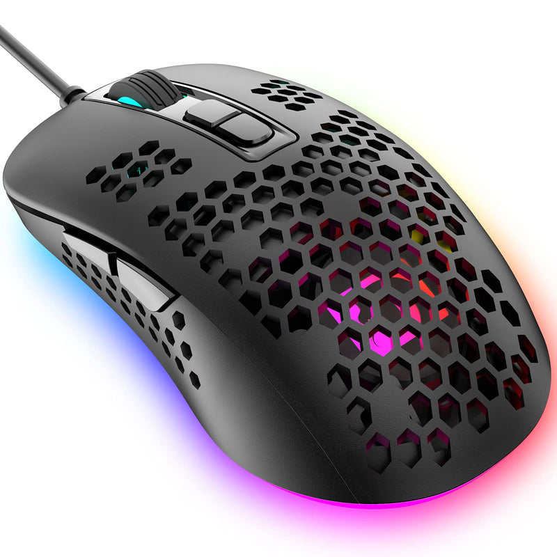 [Australia - AusPower] - Lightweight Gaming Mouse Wired,USB Optical Computer Mice with RGB Backlit,4 Adjustable DPI Up to 2400,Ergonomic Gamer Laptop PC Mouse with Honeycomb Shell for Windows 7/8/10/XP Vista Linux -Black Black 