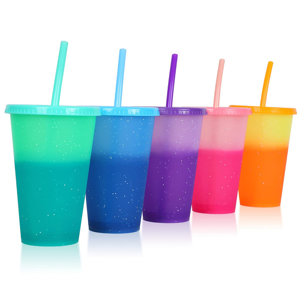 [Australia - AusPower] - Plastic Tumblers with Lids & Straws 16oz - 5 Pack Reusable Party Drinking Cup BPA free Cold Coffee Tumbler | Color Changing Cups for Kids & Adults 