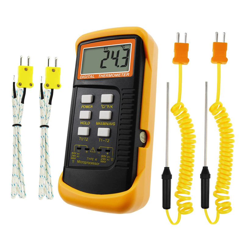 [Australia - AusPower] - GAIN EXPRESS K-Type Thermocouple Thermometer with 4 Probes(Wired & Stainless Steel) Dual Channel High Temperature Kelvin Scale Meter Indicator Thermometer with 4 thermocouple probes 