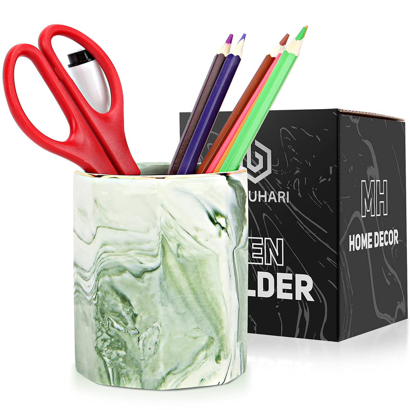 [Australia - AusPower] - Pen Holder, Decorative Ceramic Pencil Cup and Makeup Brush Stationery Accessories Desktop Organizer for Home School Office, Cute Marble Pattern Durable Large Capacity (Green) 