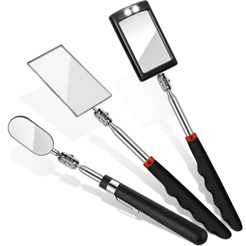 [Australia - AusPower] - 3 Pieces Telescoping Inspection Mirror Round Mirror Square Mirror Inspection Tool for Checking Vehicle, Observing Eyelashes Mouth and Other Small Parts (Extended, with Light, Oval Style) Extended, With Light, Oval 