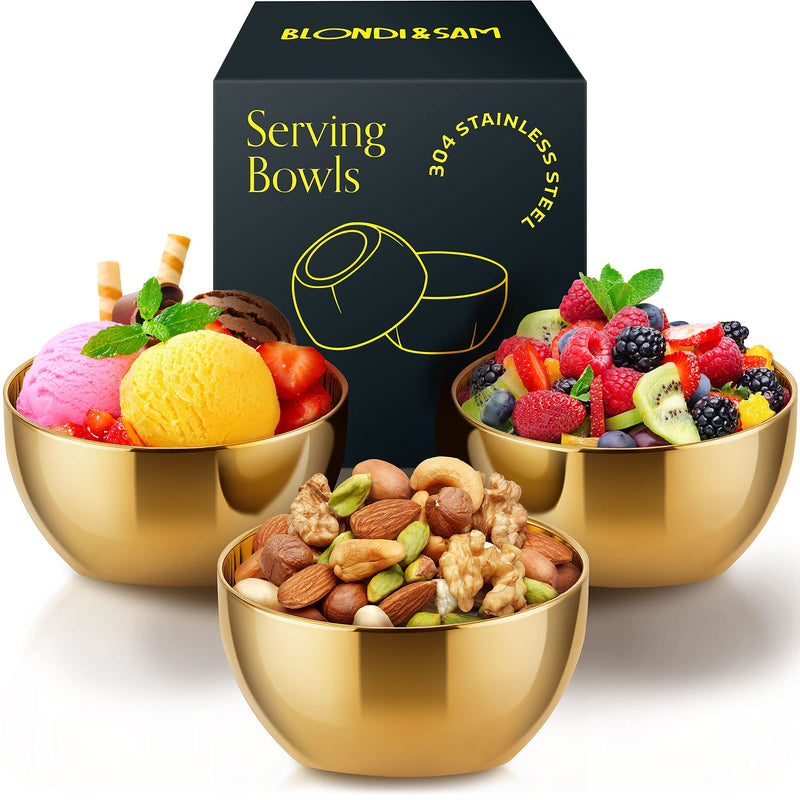 [Australia - AusPower] - BLONDI&SAM Gold Small Serving Dessert Bowls for Rice, Snacks, Candy, Ice Cream Bowls Set of 3, Party Bowls, Pasta Serving Bowl, Poké Ball Serving Bowl Set, Stainless Steel 12.5 Ounce Capacity 